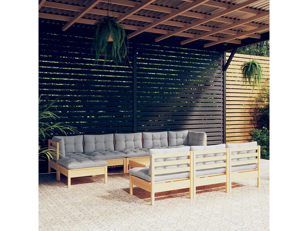 Salon de jardin 11 pcs avec coussins gris bois de pin