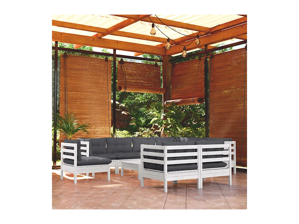 Set Divani da Giardino 10 pz con Cuscini Bianchi Legno di Pino