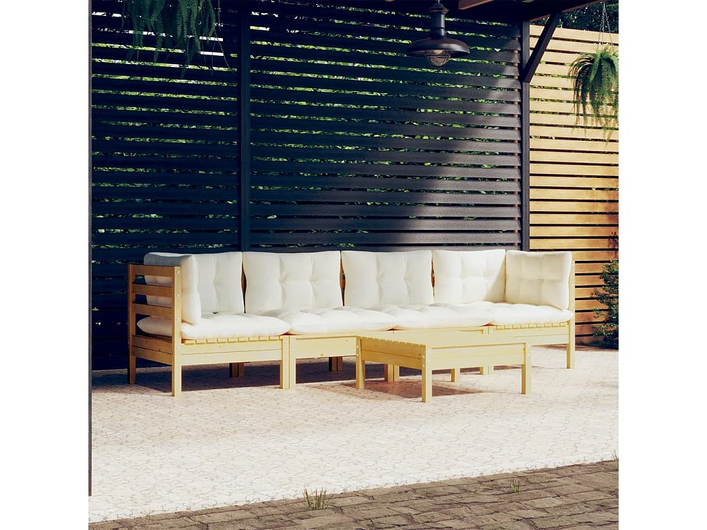 5 pcs conjunto lounge jardim c/ almofadões creme pinho maciço