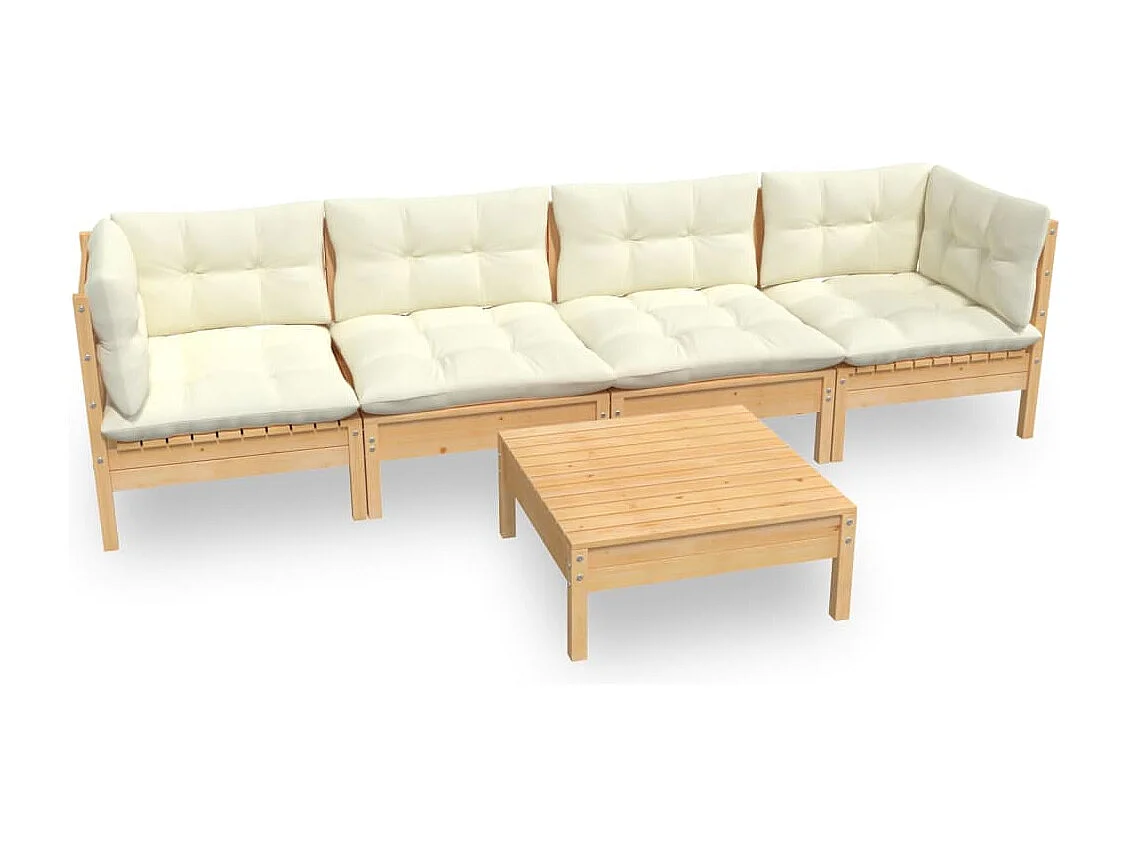 5 pcs conjunto lounge jardim c/ almofadões creme pinho maciço