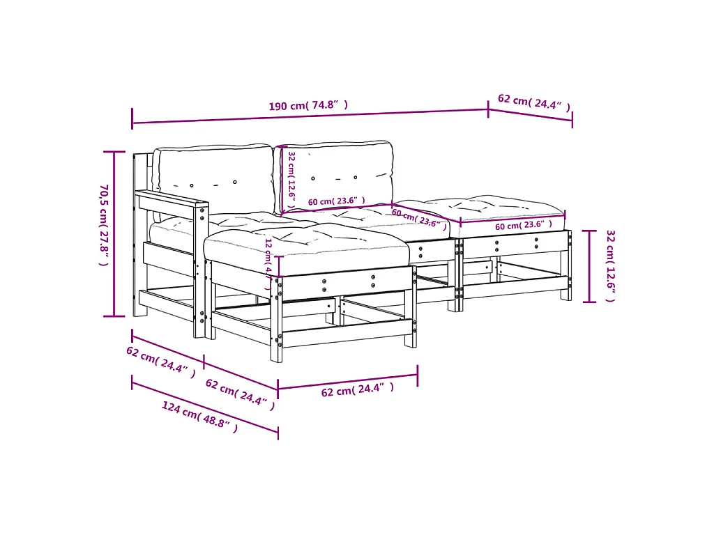 4-delige Loungeset met kussens massief hout wit