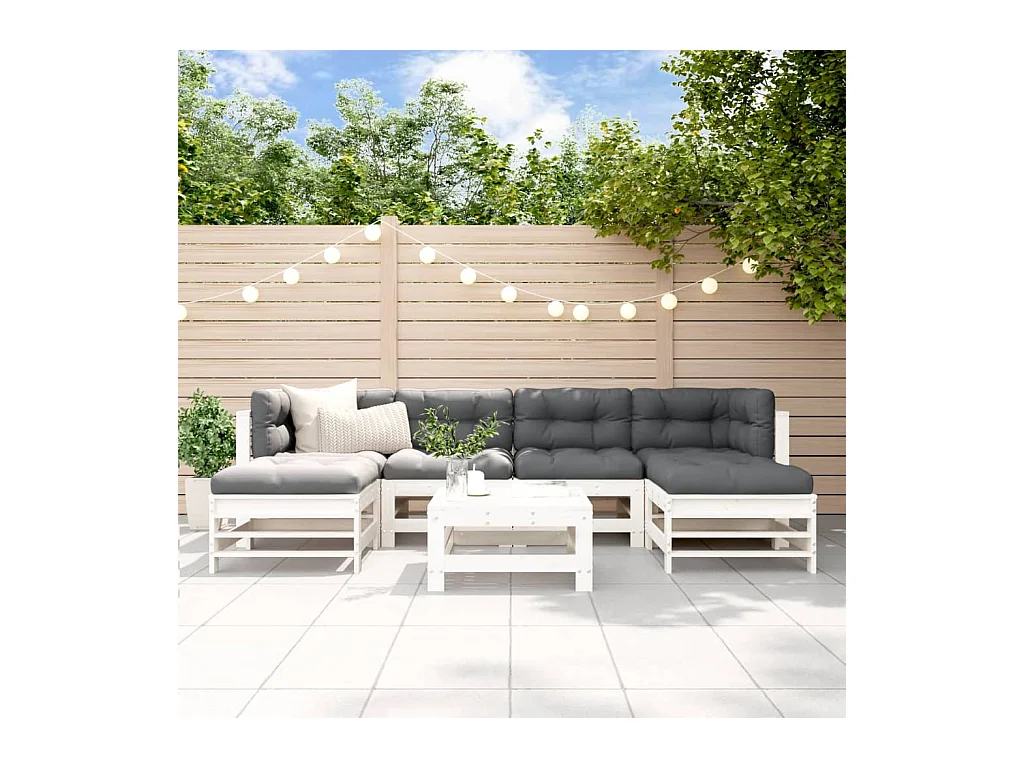 Salon de jardin 7 pcs avec coussins blanc bois massif