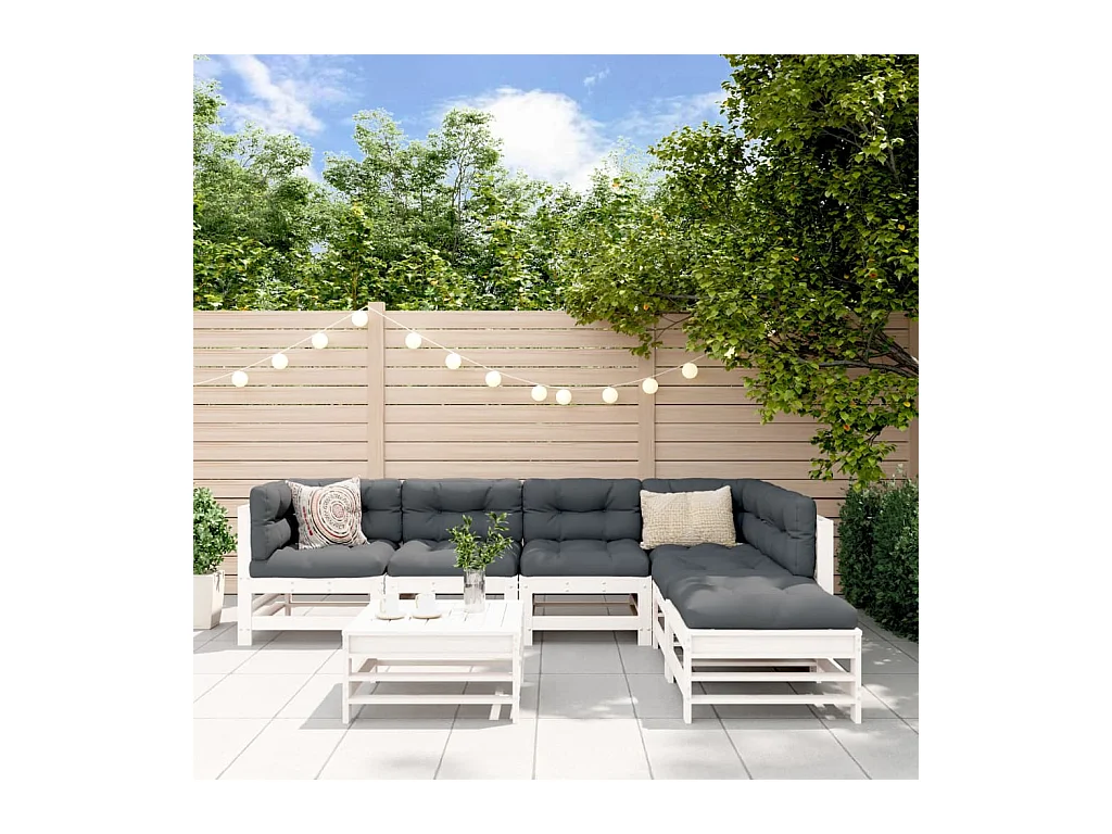 Salon de jardin 7 pcs Blanc Bois de pin massif
