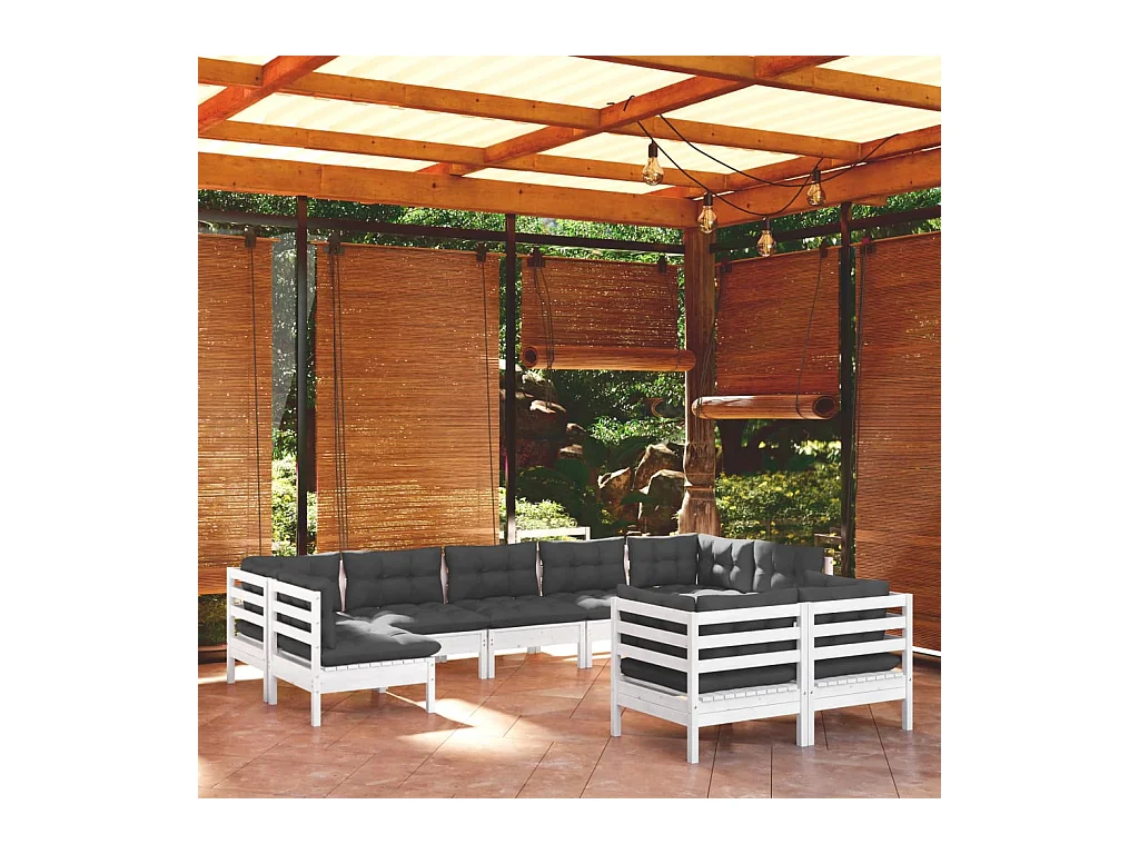 Salon de jardin 9 pcs avec coussins blanc bois de pin massif