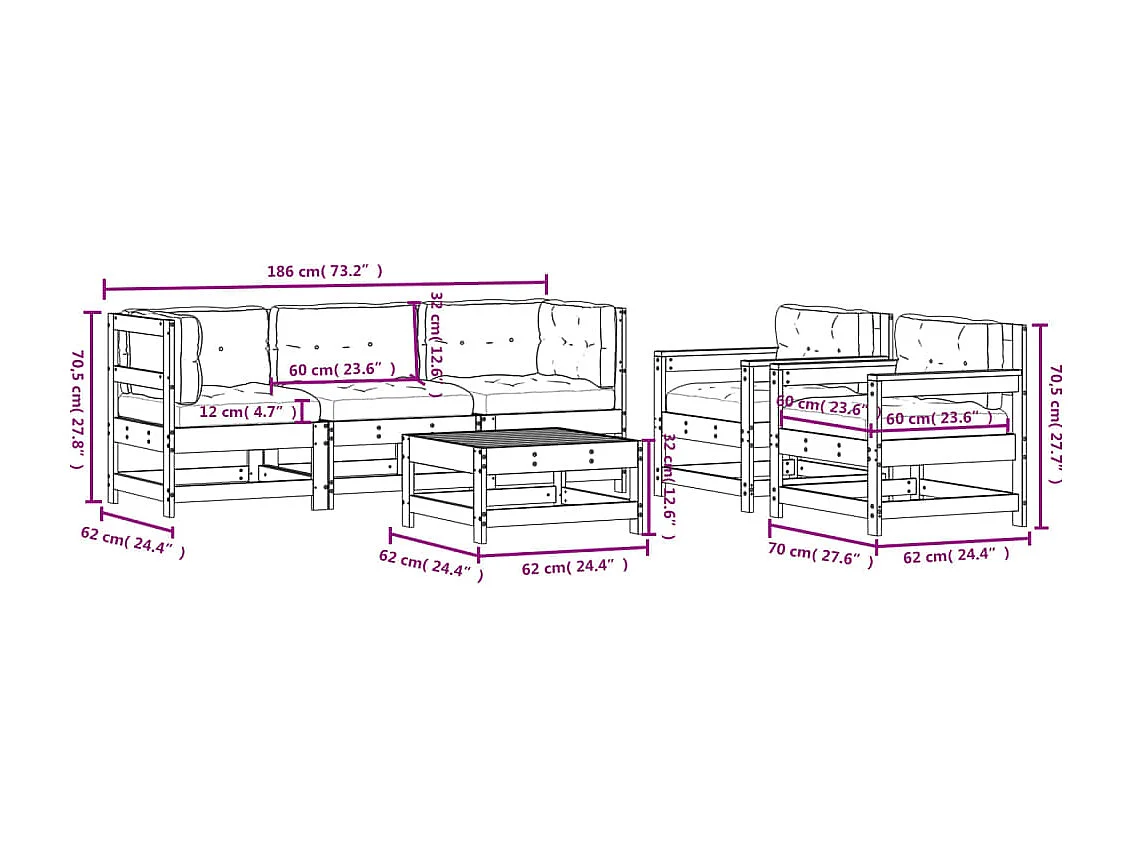 6-delige Loungeset met kussens geïmpregneerd grenenhout