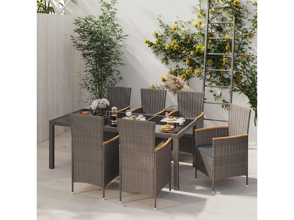 Set da Giardino 7 pz con Cuscini in Polyrattan Nero e Grigio