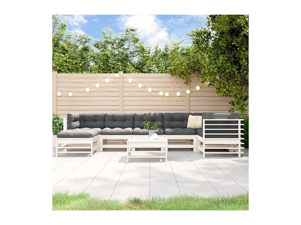 Set Divani da Giardino 8pz con Cuscini in Legno Massello Bianco