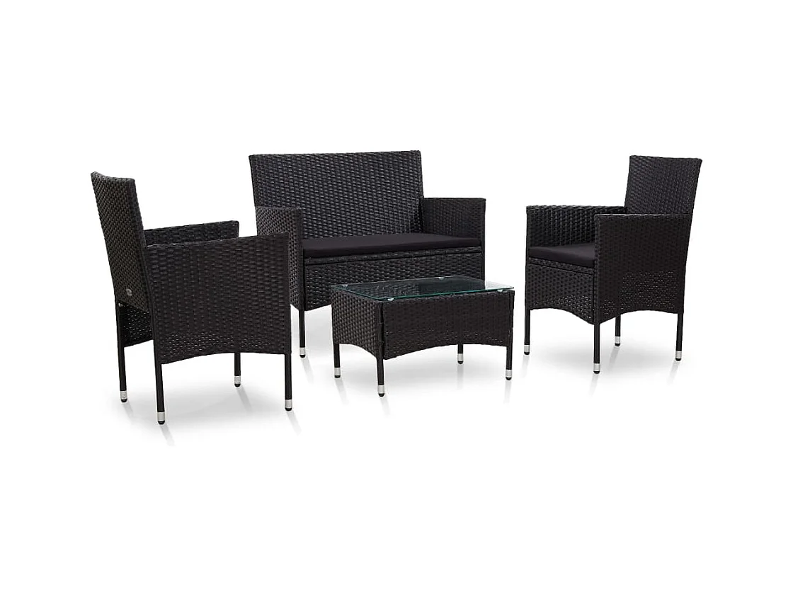 Salon de jardin 4 pcs avec coussins Résine tressée Noir