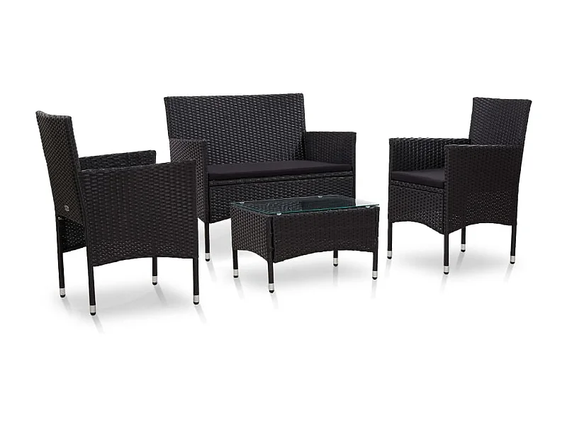 4-delige Loungeset met kussens poly rattan zwart