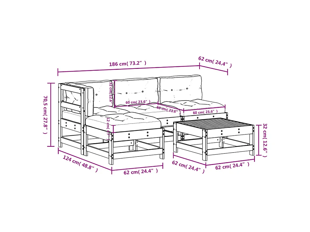 5-delige Loungeset met kussens massief hout