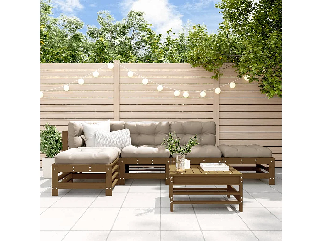 6-delige Loungeset met kussens grenenhout honingbruin