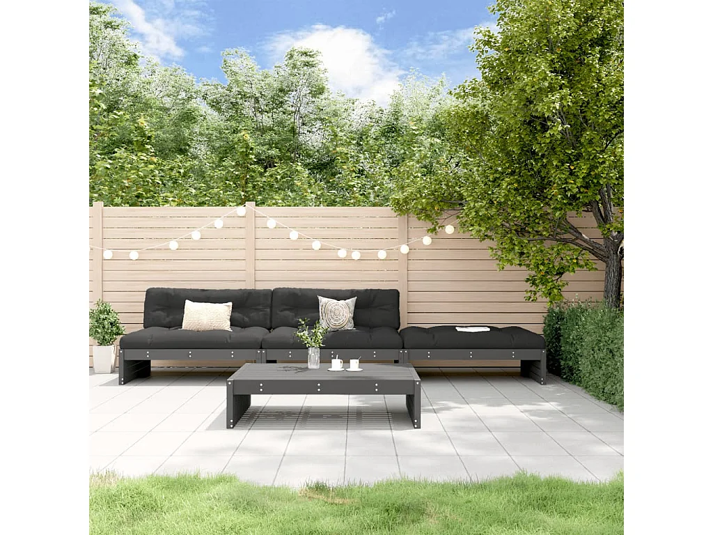 4-tlg. Garten-Lounge-Set mit Kissen Grau Massivholz