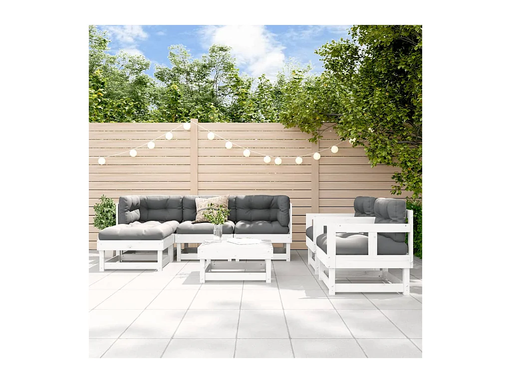7-tlg. Garten-Lounge-Set mit Kissen Weiß Massivholz