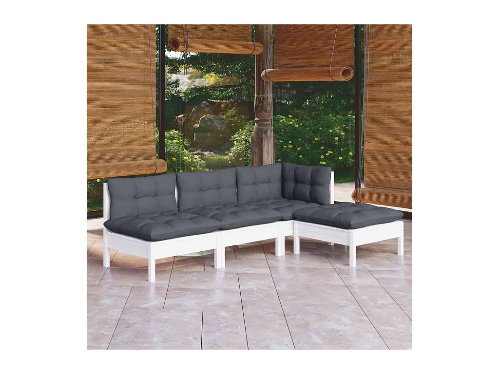 Set Divani da Giardino 4 pz con Cuscini Bianchi Legno di Pino