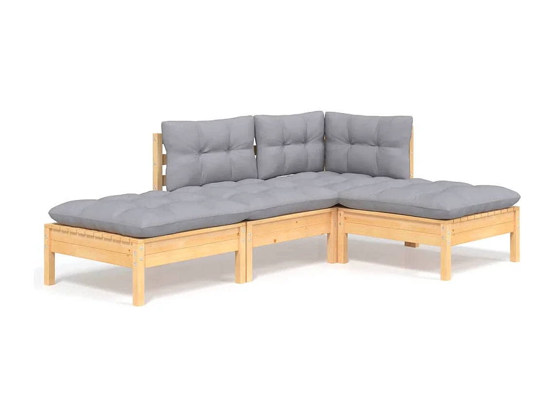 Set Divani da Giardino 4 pz con Cuscini Grigi Massello di Pino