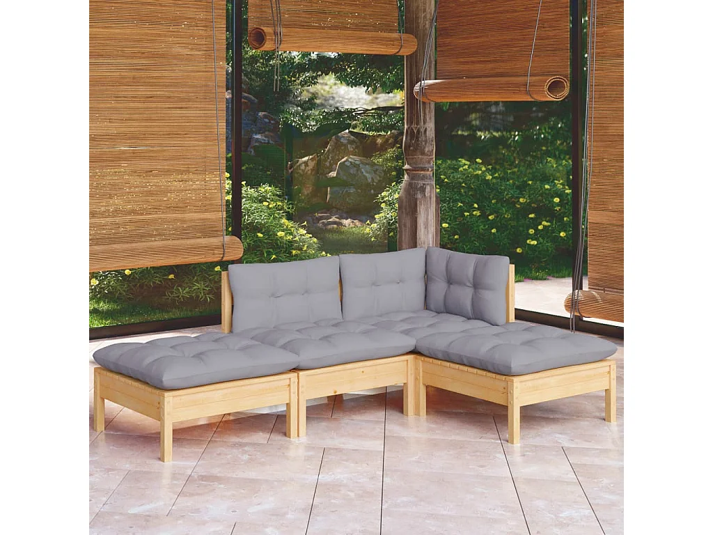 Set Divani da Giardino 4 pz con Cuscini Grigi Massello di Pino