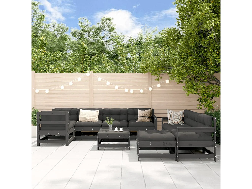 10pcs conjunto lounge jardim c/ almofadões madeira maciça cinza