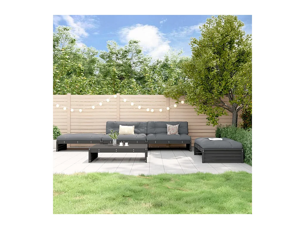 Salon de jardin 5 pcs avec coussins noir bois massif