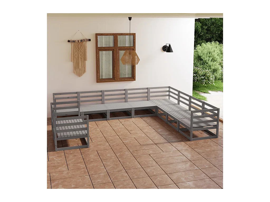 10-delige Loungeset massief grenenhout grijs