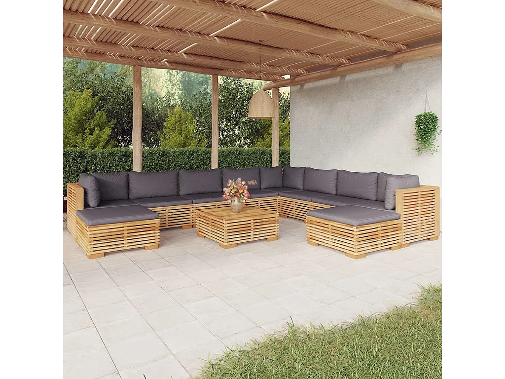 11-tlg. Garten-Lounge-Set mit Kissen Massivholz Teak