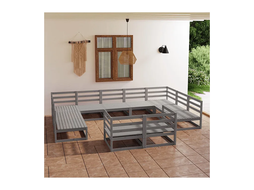 Salon de jardin 11 pcs bois de pin massif