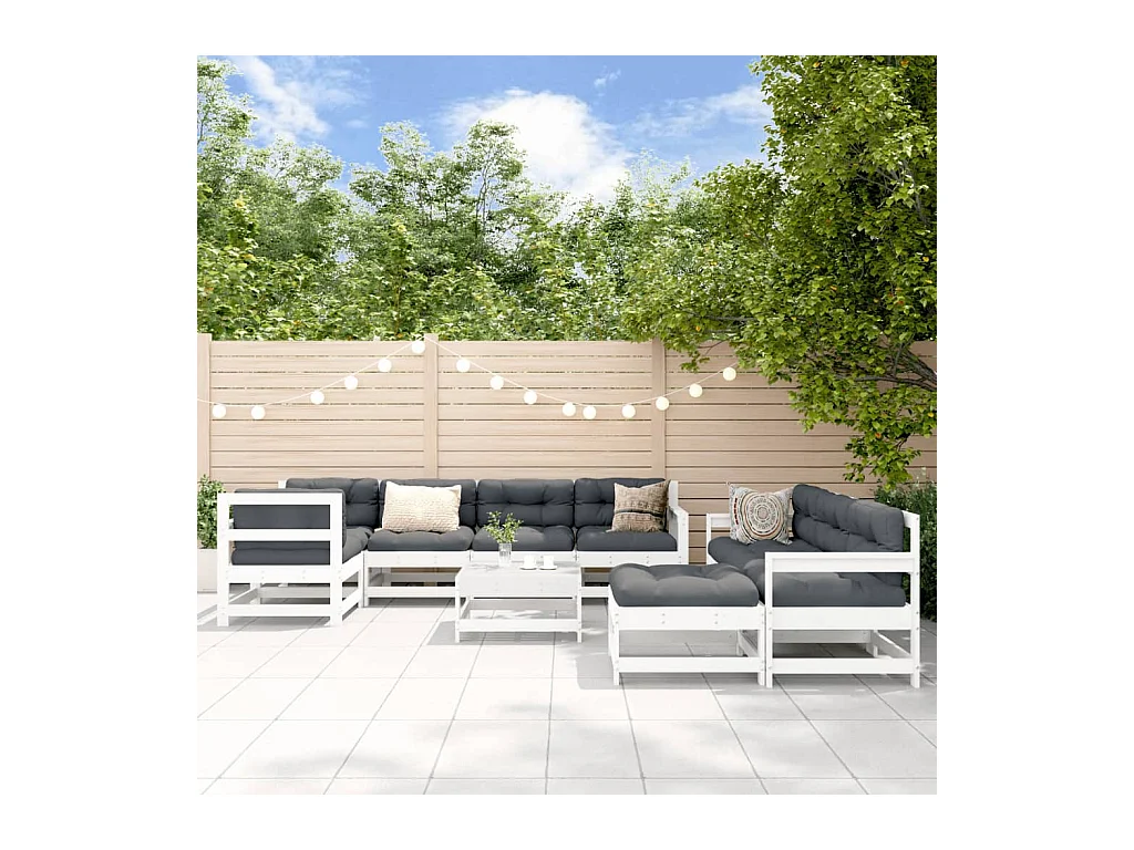 Salon de jardin 10 pcs Blanc Bois de pin massif
