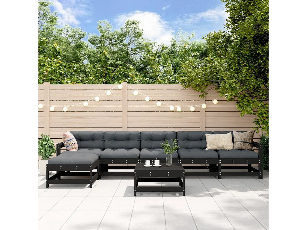 Salon de jardin 7 pcs avec coussins noir bois massif
