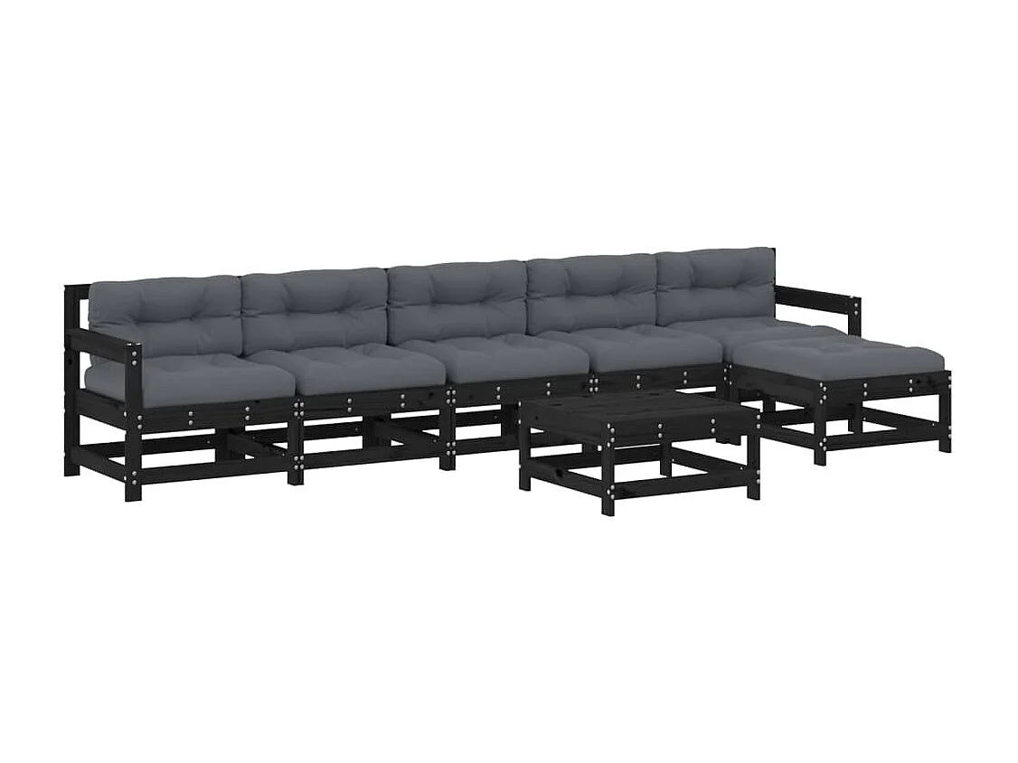Salon de jardin 7 pcs avec coussins noir bois massif