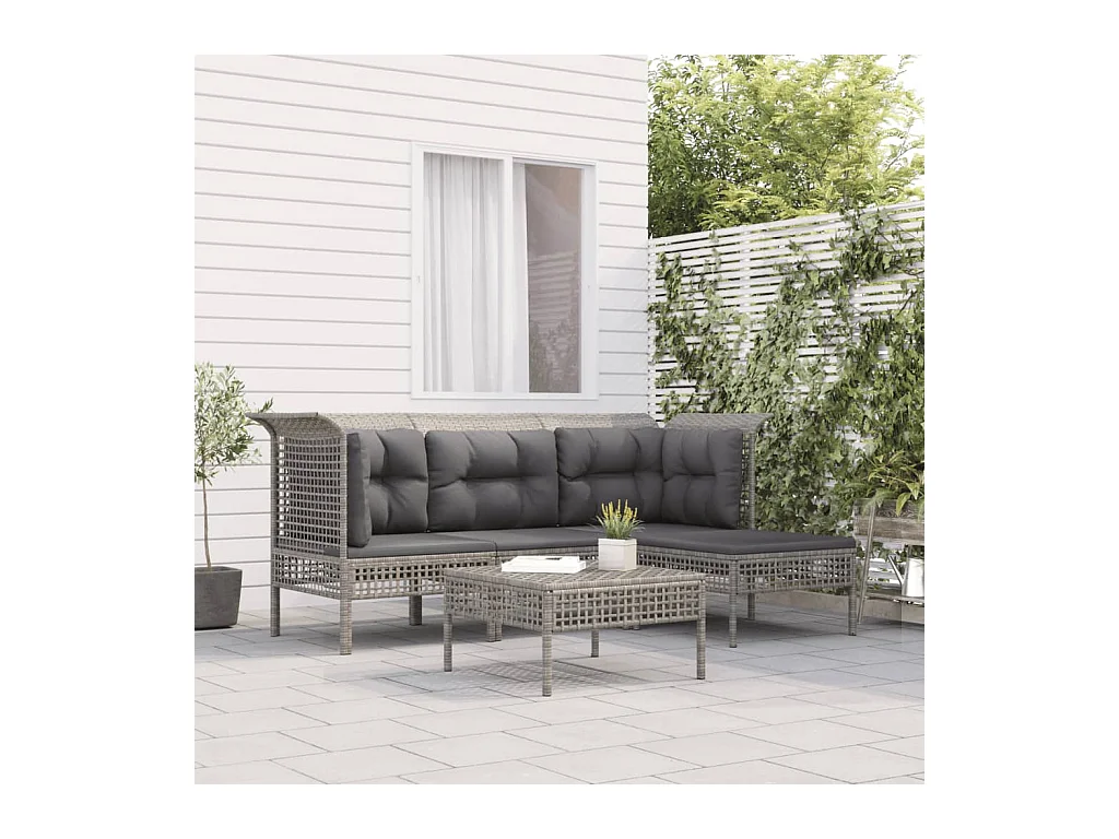 5 pcs conjunto lounge de jardim c/ almofadões vime PE cinzento