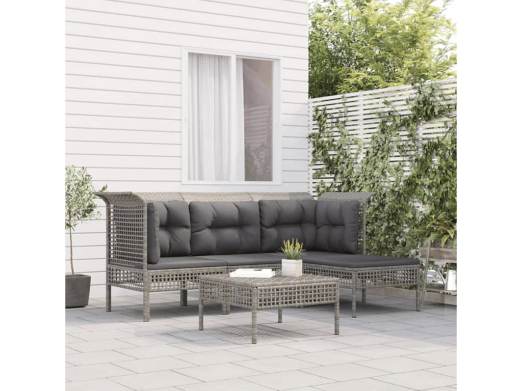 Salon de jardin 5 pcs avec coussins Gris Résine tressée