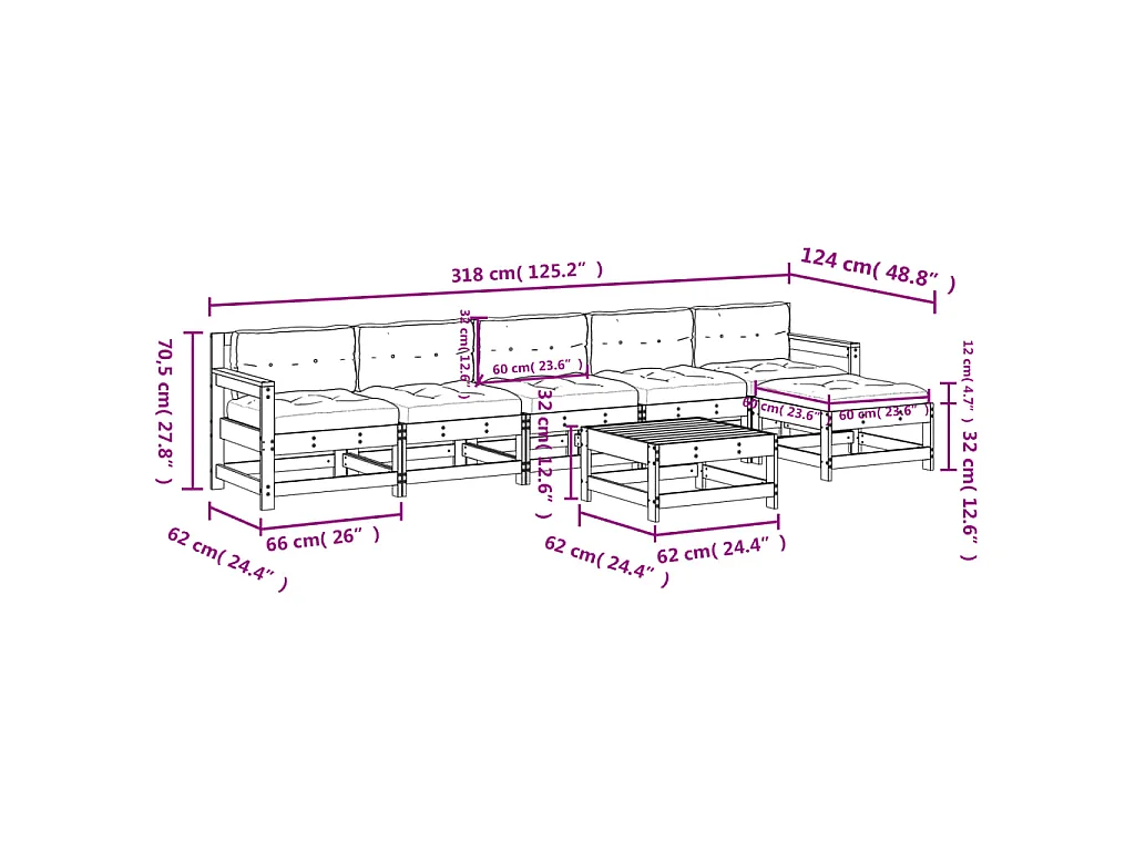 Set Divani da Giardino 7 pz con Cuscini in Legno Massello