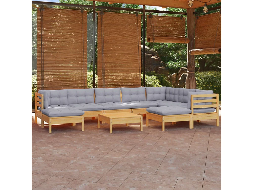 10-tlg. Garten-Lounge-Set mit Grauen Kissen Kiefer Massivholz
