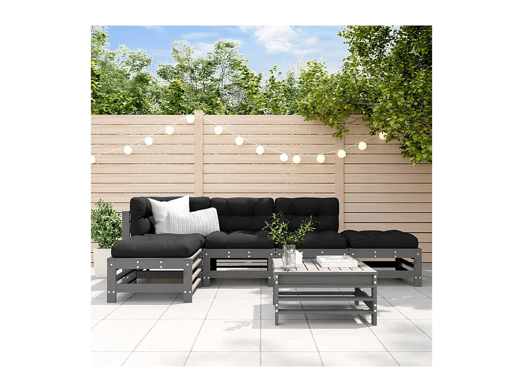 Set Divani da Giardino 6pz con Cuscini in Legno Massello Grigio
