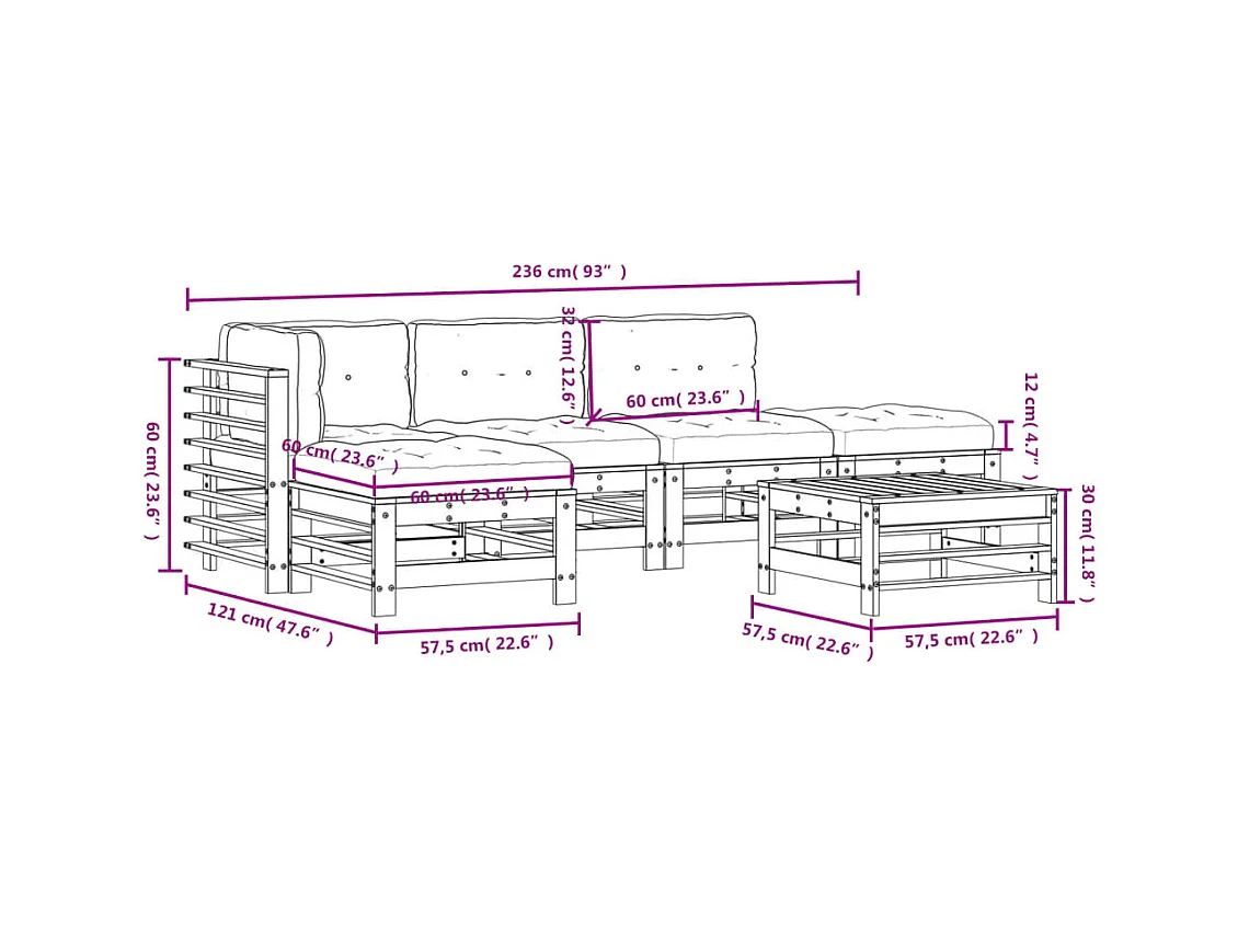 Set Divani da Giardino 6pz con Cuscini in Legno Massello Grigio