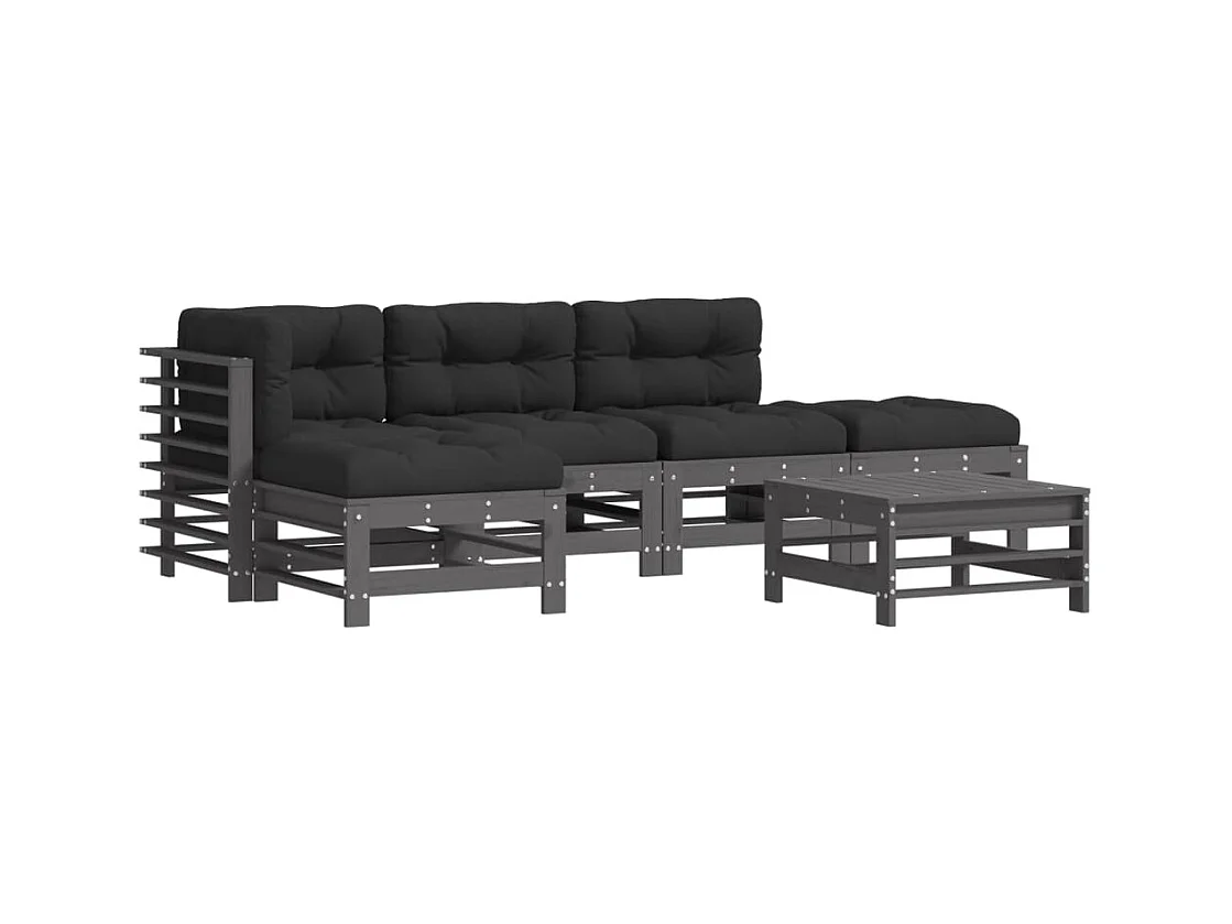 Set Divani da Giardino 6pz con Cuscini in Legno Massello Grigio