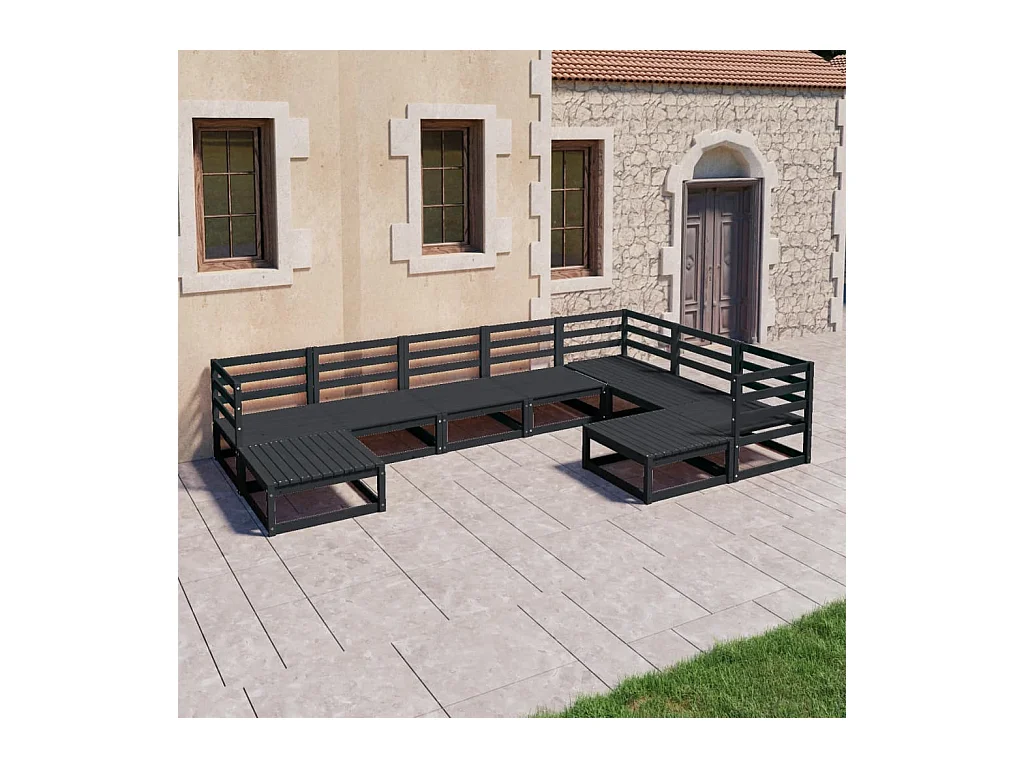 Set Divani da Giardino 9 pz Nero in Legno Massello di Pino