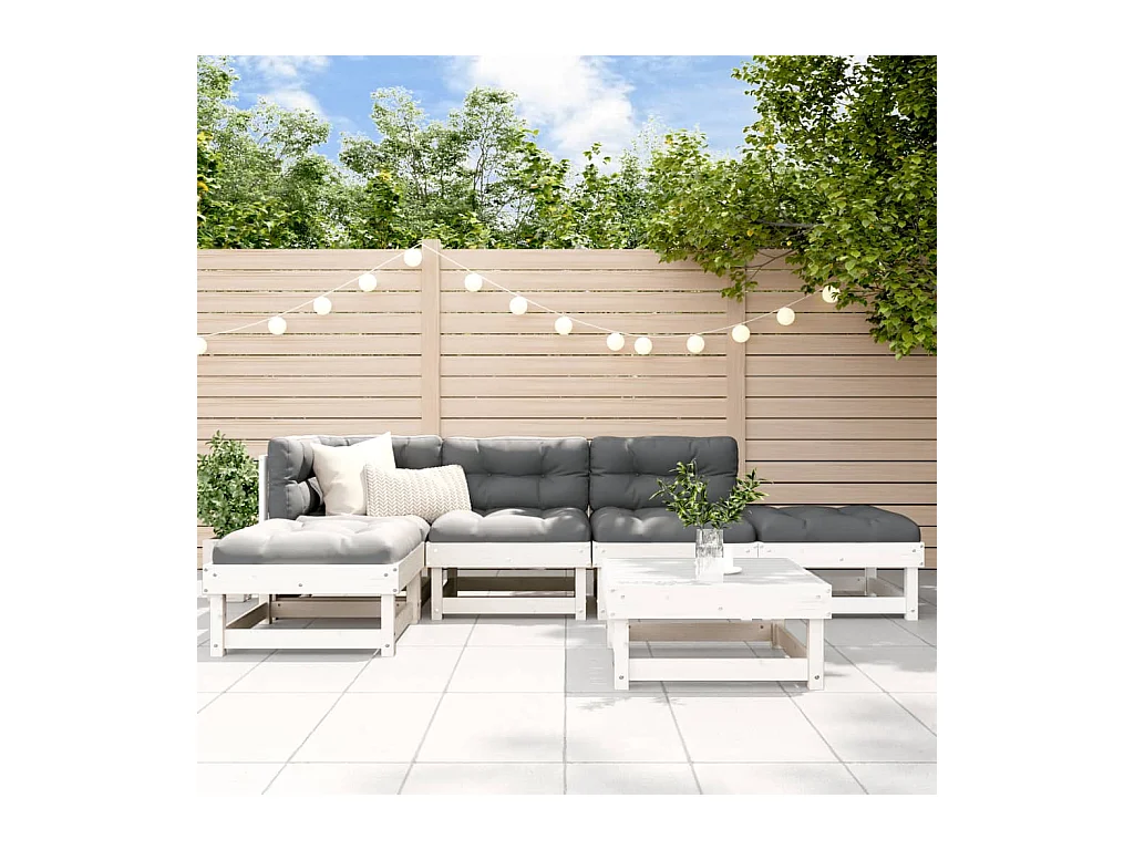 Salon de jardin 6 pcs avec coussins blanc bois massif