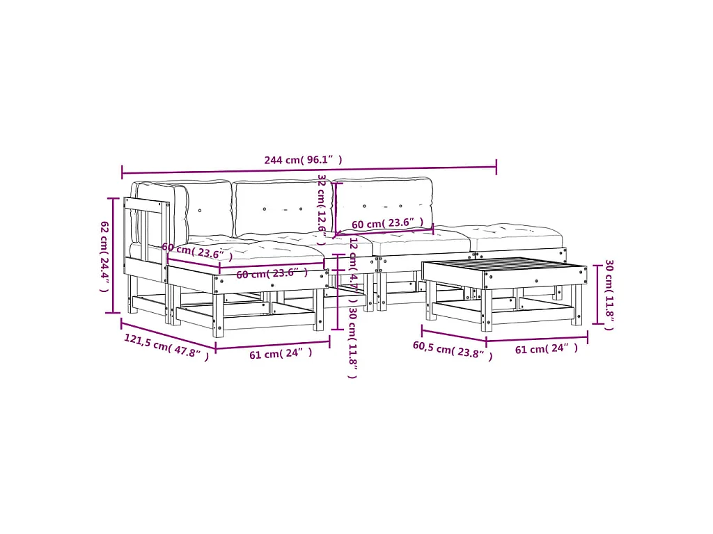6-delige Loungeset met kussens massief hout wit