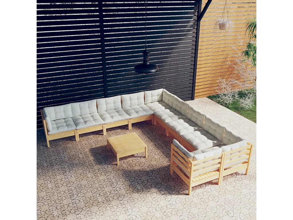 11-tlg. Garten-Lounge-Set mit Creme Kissen Kiefernholz