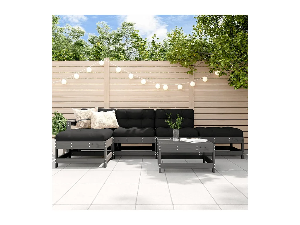 Set Divani da Giardino 6pz con Cuscini in Legno Massello Grigio