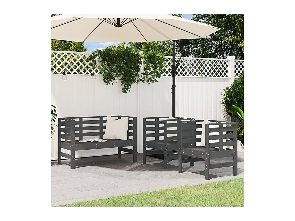 Salon de jardin 3 pcs gris bois massif de pin
