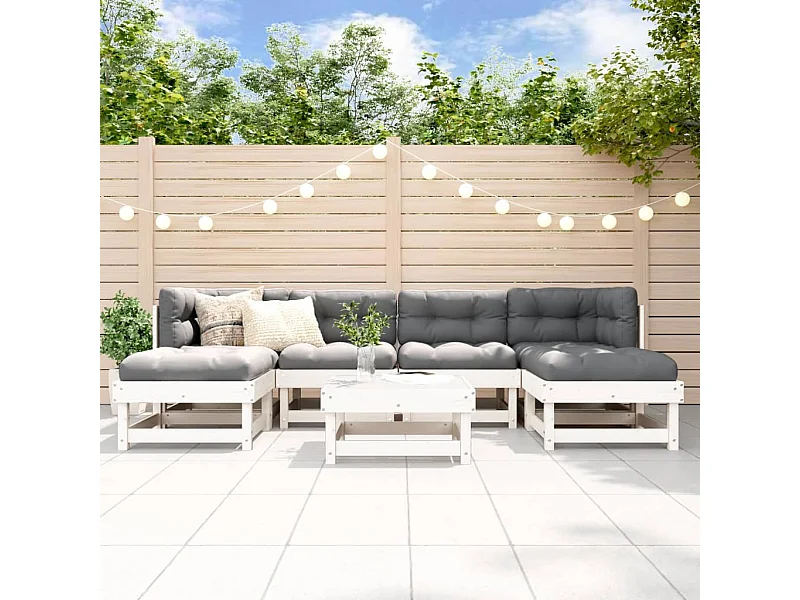 Salon de jardin 7 pcs Blanc Bois de pin massif
