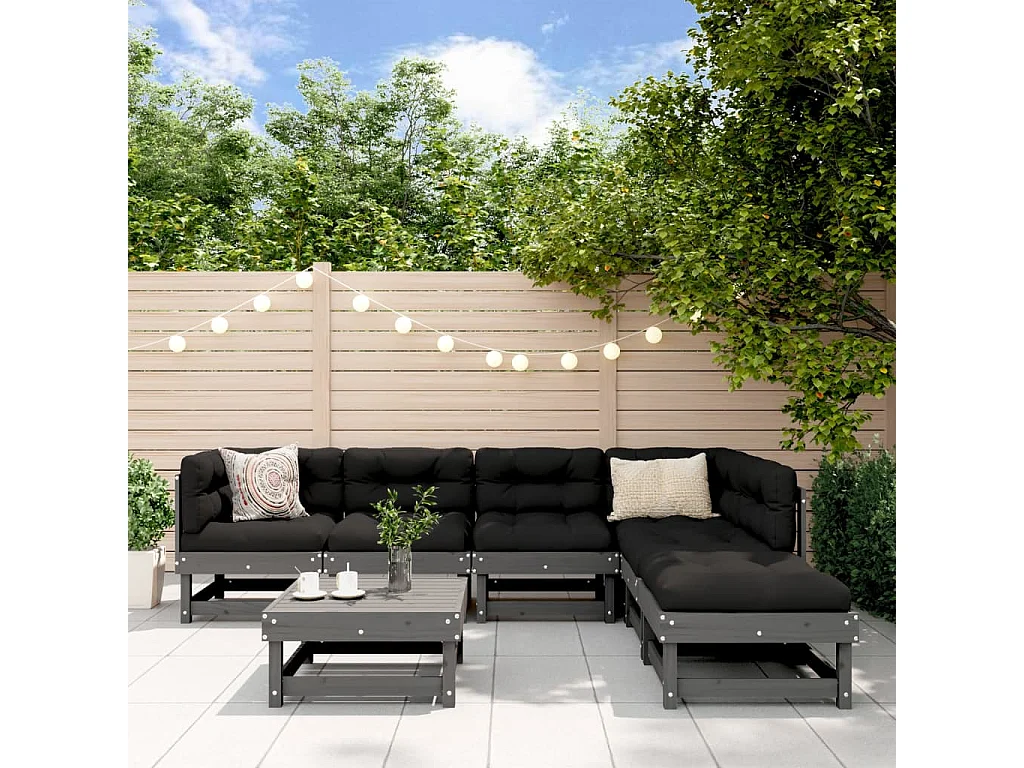 Salon de jardin 7 pcs avec coussins gris bois massif