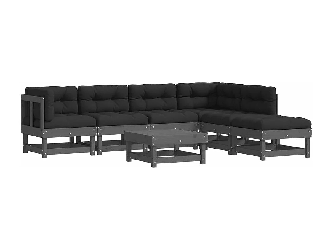 Salon de jardin 7 pcs avec coussins gris bois massif
