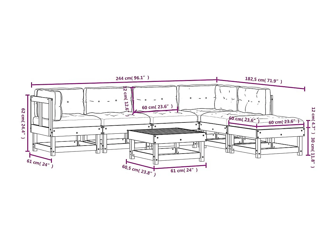 Salon de jardin 7 pcs avec coussins gris bois massif