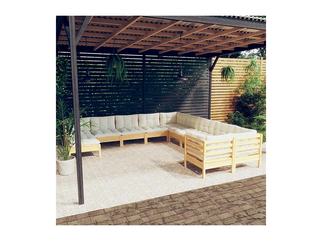 Set Divani da Giardino 11 pz con Cuscini Crema Massello di Pino