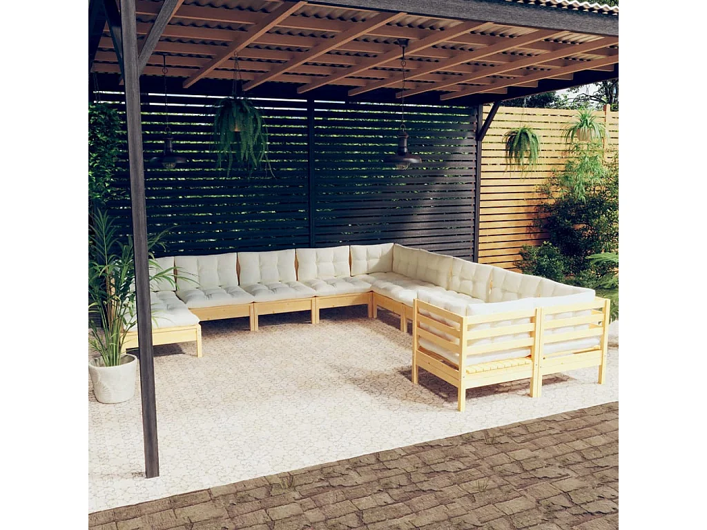 11 pcs conjunto lounge de jardim c/ almofadões cor creme pinho