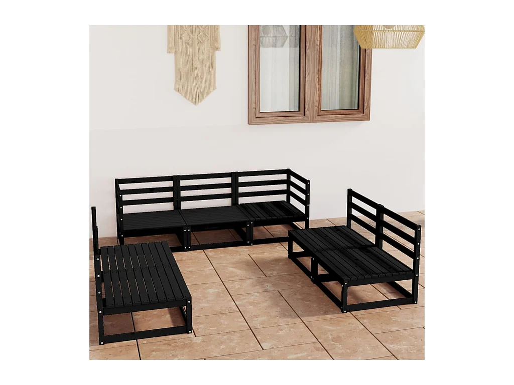 Set Divani da Giardino 7 pz Nero in Legno Massello di Pino
