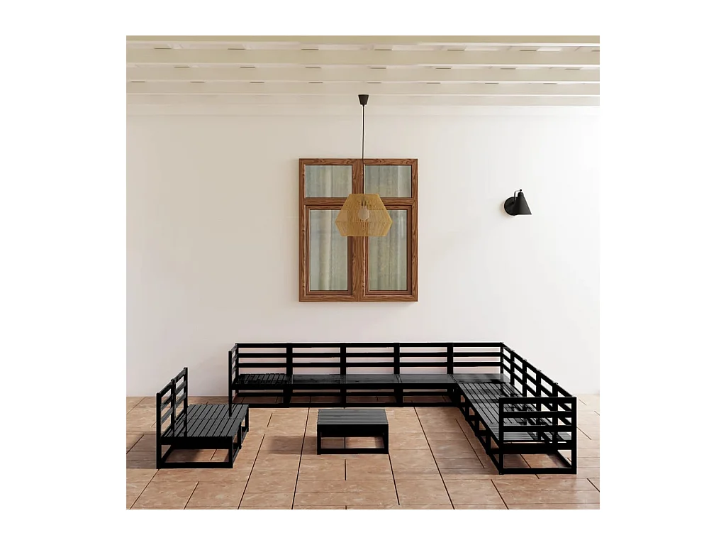 Set Divani da Giardino 12 pz Nero in Legno Massello di Pino