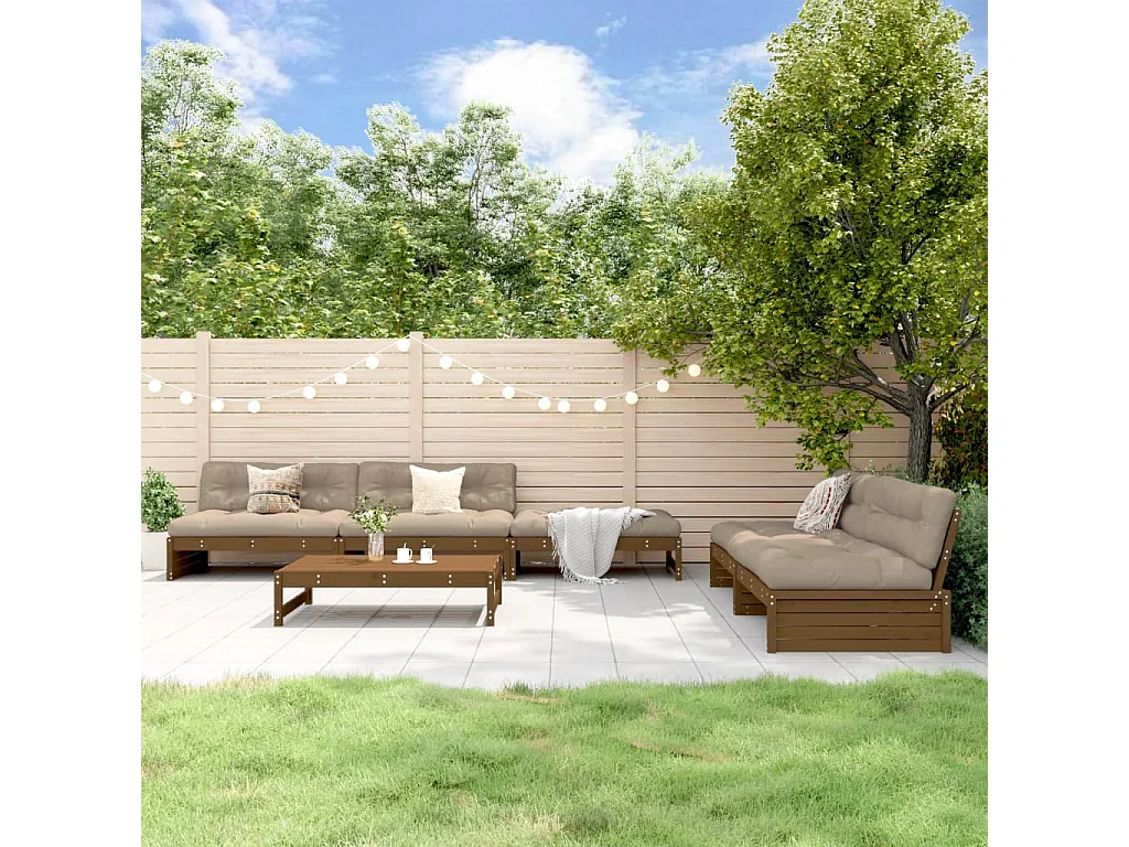 6pcs conj. lounge jardim+almofadões madeira maciça castanho-mel